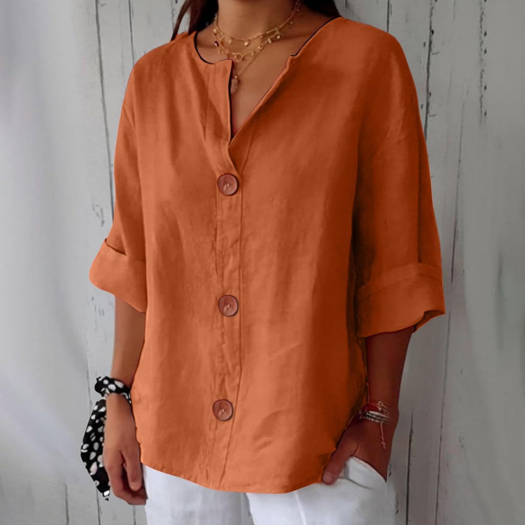 Women's relaxed V-neck shirt with button front and 3/4 sleeves