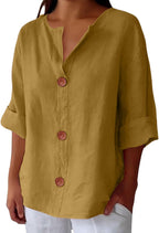 Women's relaxed V-neck shirt with button front and 3/4 sleeves