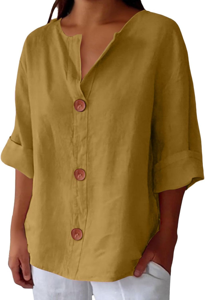 Women's relaxed V-neck shirt with button front and 3/4 sleeves