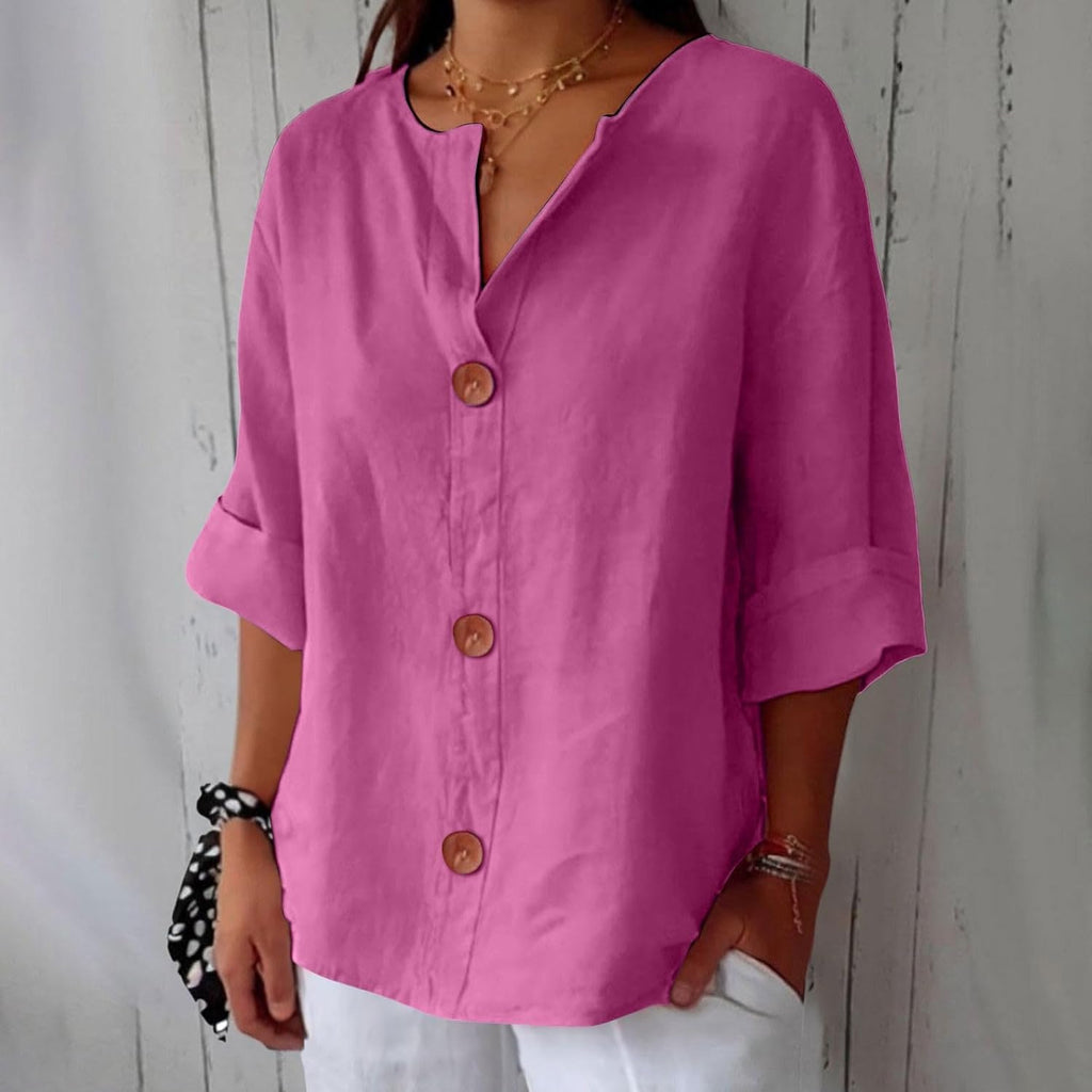 Women's relaxed V-neck shirt with button front and 3/4 sleeves