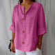 Women's relaxed V-neck shirt with button front and 3/4 sleeves