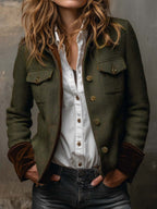Women's olive herringbone blazer with button front, flap pockets and contrast trim