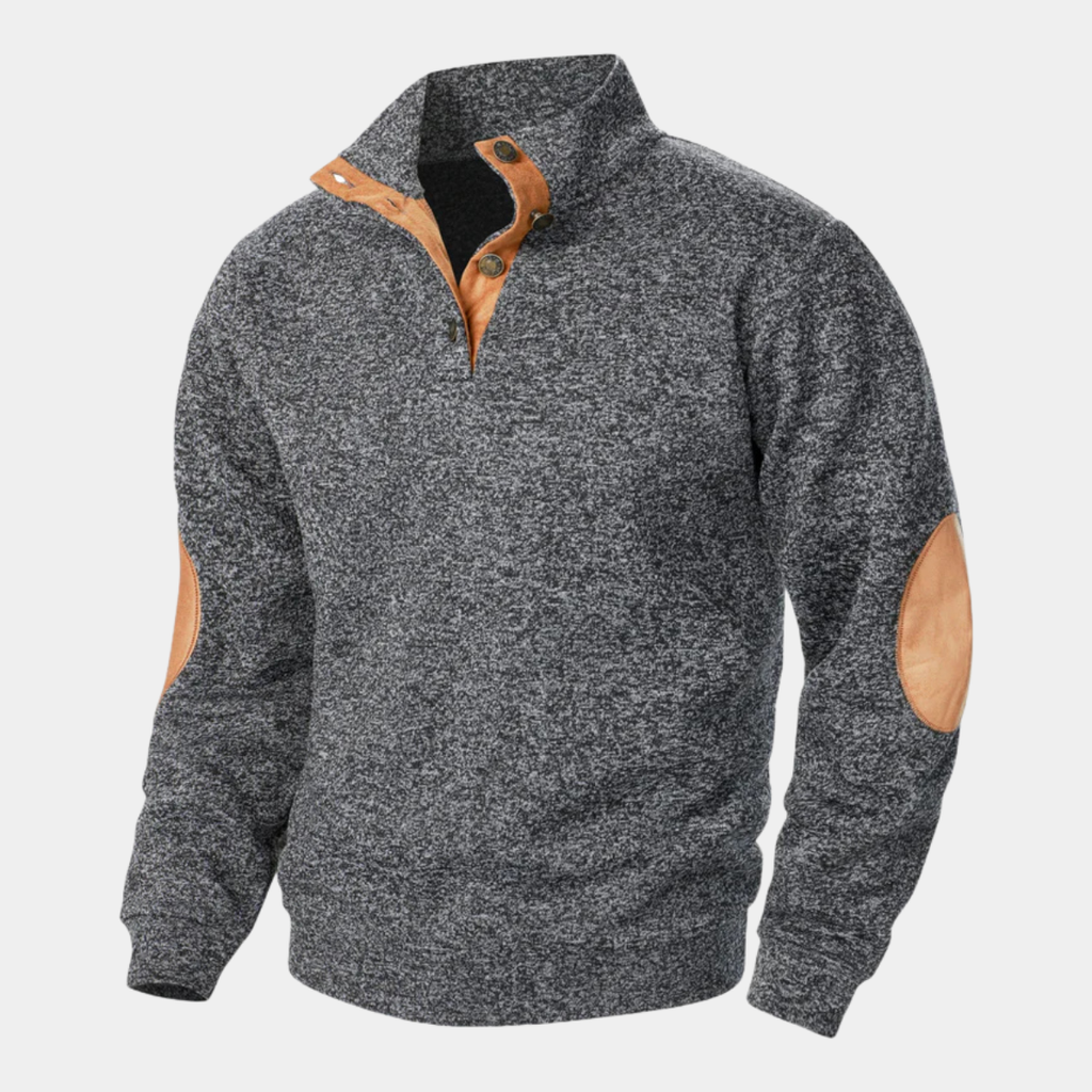 Men's textured knit sweater with mock neck and contrast elbow patches