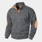 Men's textured knit sweater with mock neck and contrast elbow patches