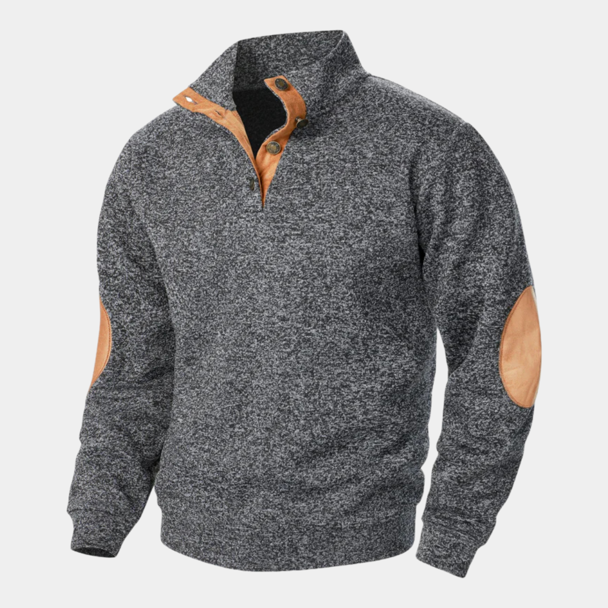 Men's textured knit sweater with mock neck and contrast elbow patches