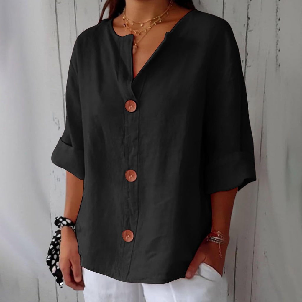 Women's relaxed V-neck shirt with button front and 3/4 sleeves