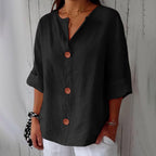 Women's relaxed V-neck shirt with button front and 3/4 sleeves