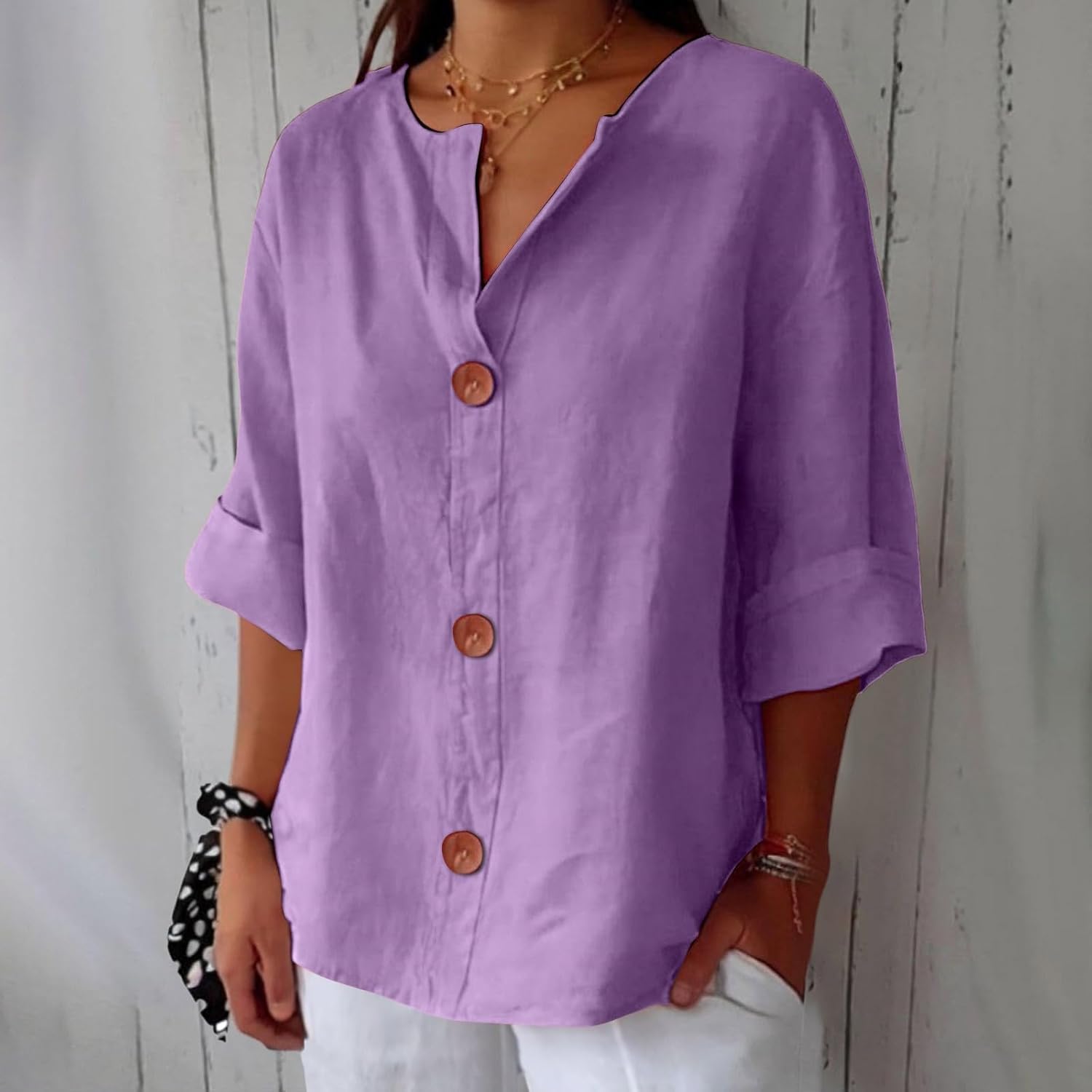 Women's relaxed V-neck shirt with button front and 3/4 sleeves
