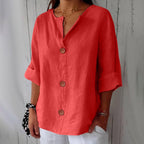 Women's relaxed V-neck shirt with button front and 3/4 sleeves