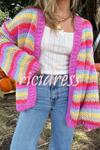 Women's multicoloured striped knit cardigan with open front and balloon sleeves