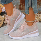 Women's knit-look lace-up sneakers with round toes and platform soles