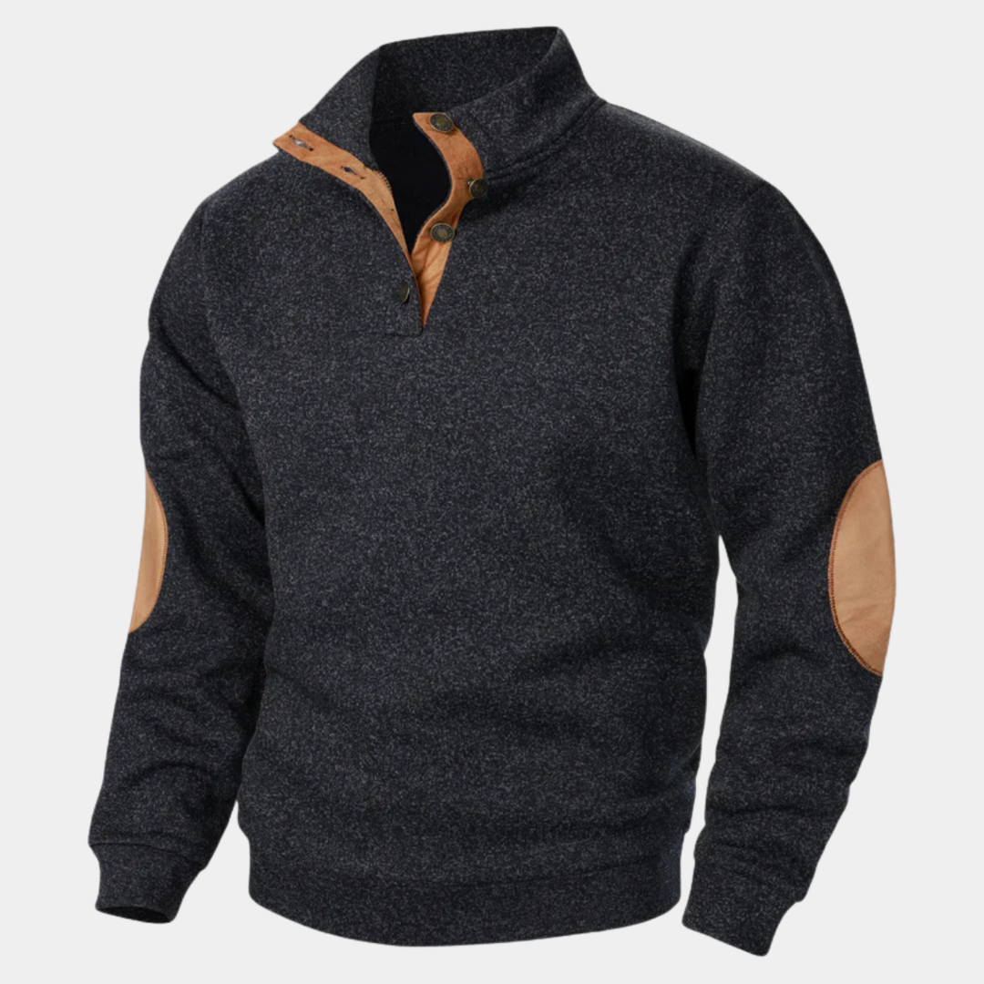 Men's textured knit sweater with mock neck and contrast elbow patches