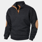 Men's textured knit sweater with mock neck and contrast elbow patches