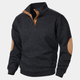 Men's textured knit sweater with mock neck and contrast elbow patches