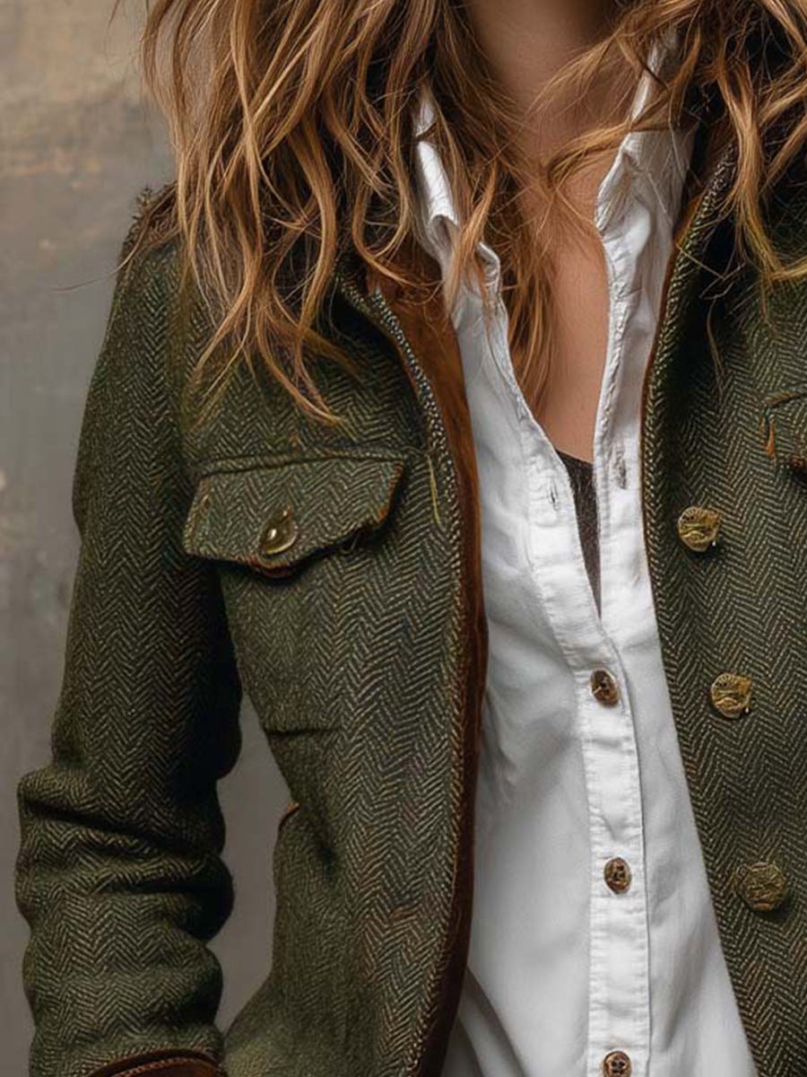 Women's olive herringbone blazer with button front, flap pockets and contrast trim