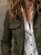 Women's olive herringbone blazer with button front, flap pockets and contrast trim