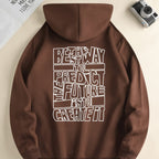 Men's hooded sweatshirt with large outlined text print on the back