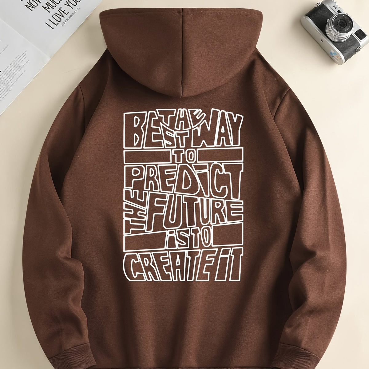 Men's hooded sweatshirt with large outlined text print on the back