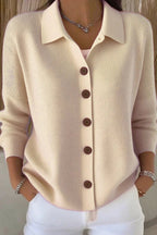 Women's plain knit cardigan with shirt collar, long sleeves and button front