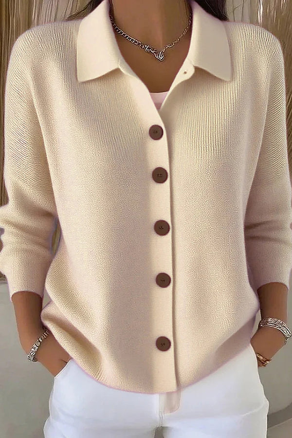 Women's plain knit cardigan with shirt collar, long sleeves and button front