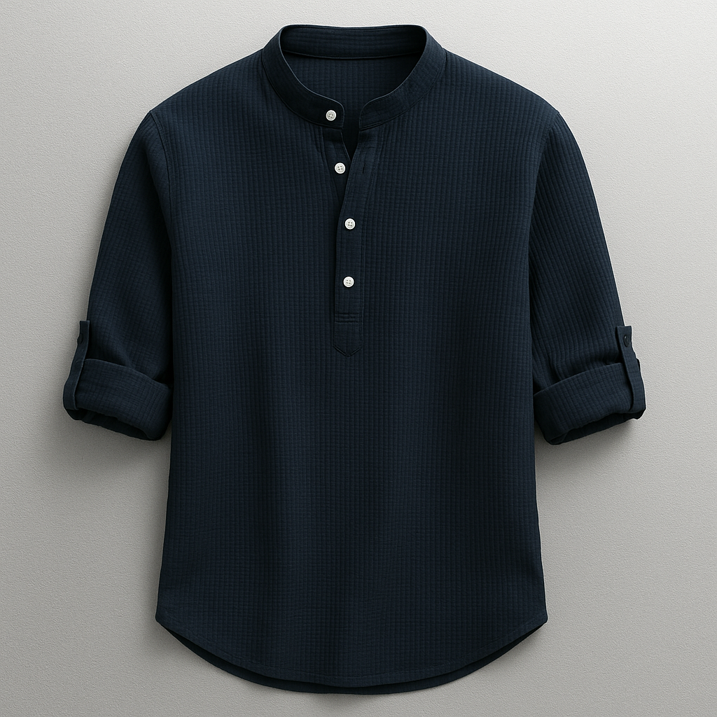 Men's textured Henley shirt with mandarin collar and button placket