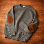 Women's crew-neck knit sweater with raglan sleeves and elbow patches