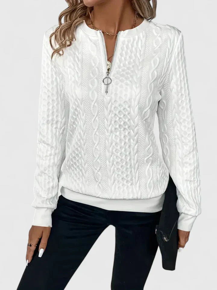 Women's textured quarter-zip sweater with long sleeves and ribbed trims