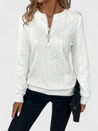 Women's textured quarter-zip sweater with long sleeves and ribbed trims