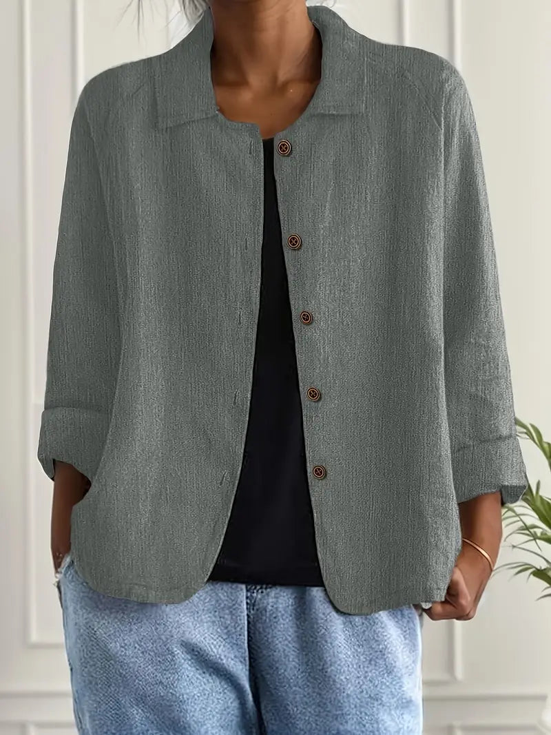 Women's collared shirt-style cardigan with button front and long sleeves
