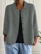 Women's collared shirt-style cardigan with button front and long sleeves
