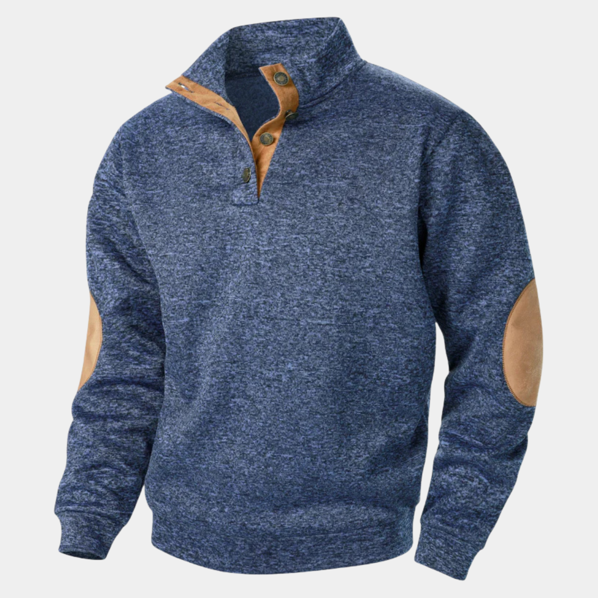 Men's textured knit sweater with mock neck and contrast elbow patches