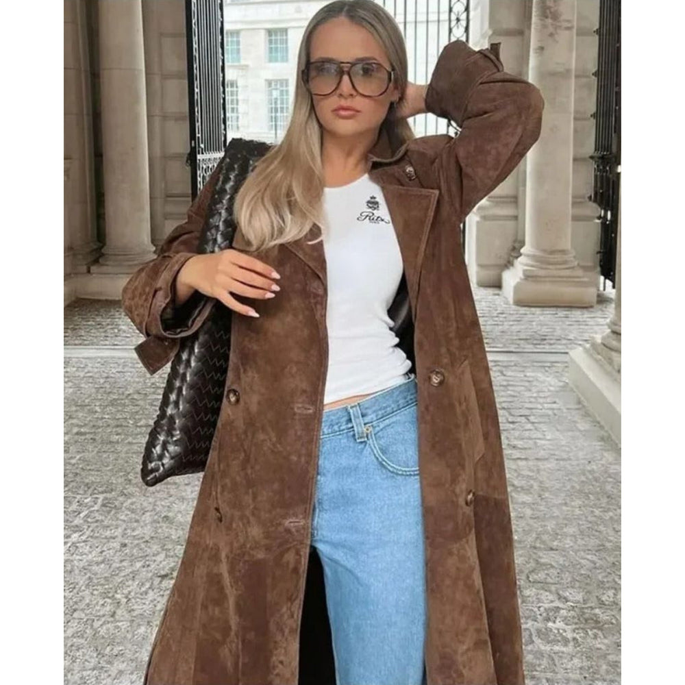 Women's long brown trench coat with lapel collar and button fastening