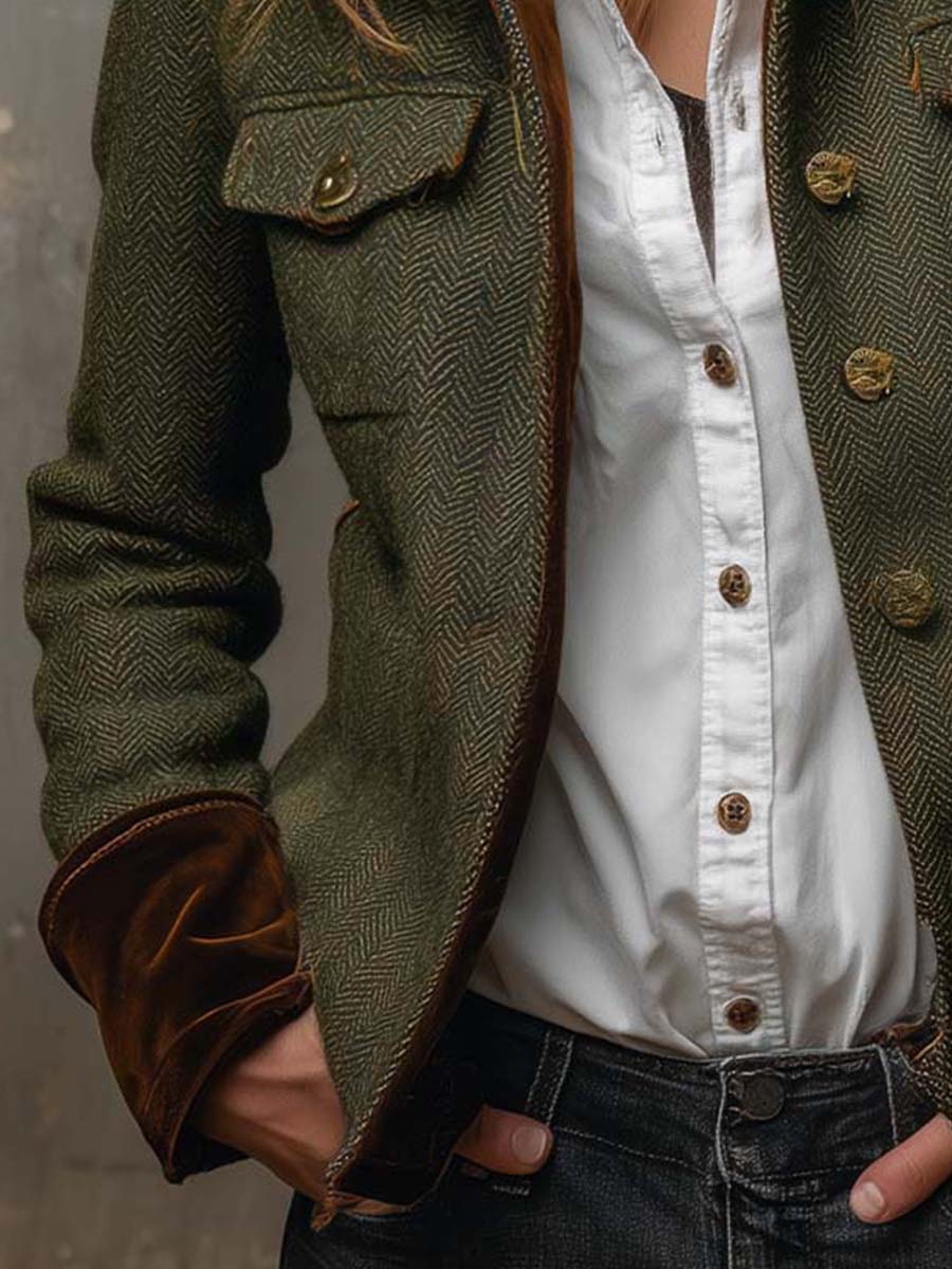 Women's olive herringbone blazer with button front, flap pockets and contrast trim