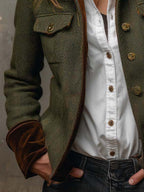 Women's olive herringbone blazer with button front, flap pockets and contrast trim