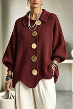 Women's oversized ribbed cardigan with collared neckline, balloon sleeves and large front buttons