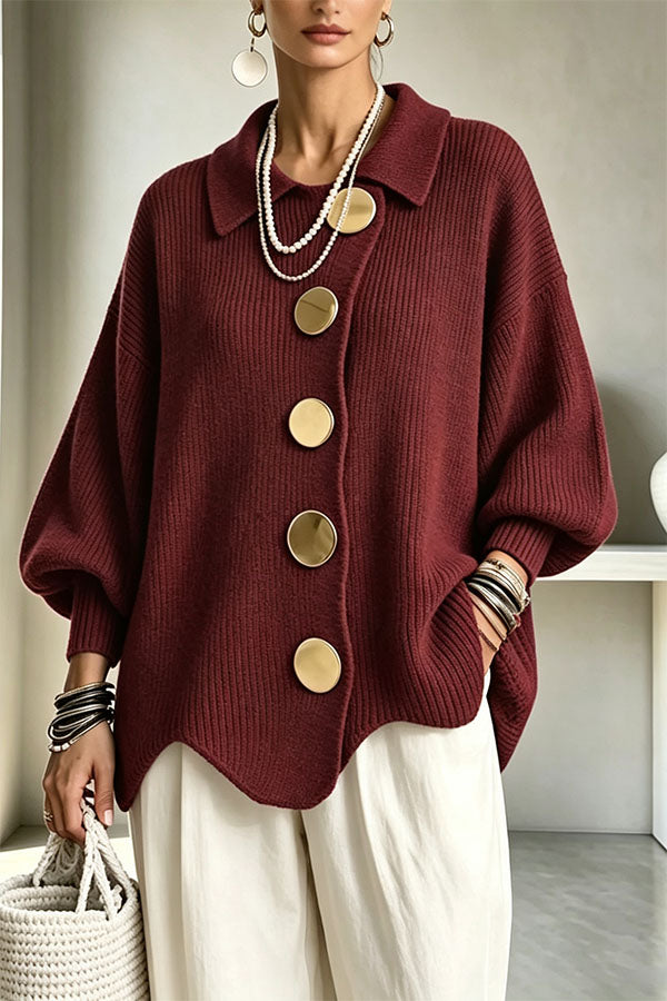 Women's oversized ribbed cardigan with collared neckline, balloon sleeves and large front buttons
