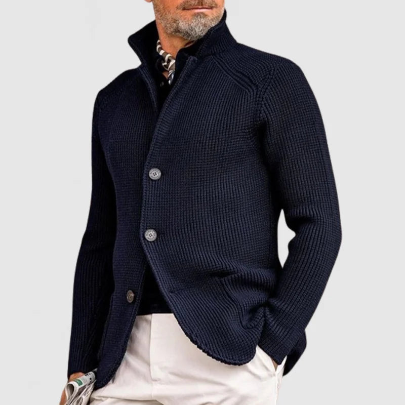 Men's ribbed knit cardigan with stand collar and button front