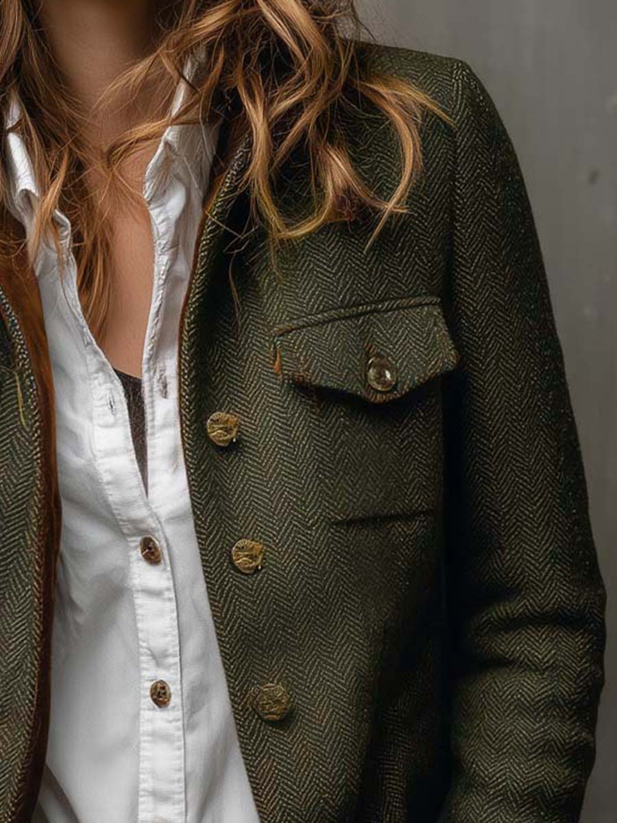 Women's olive herringbone blazer with button front, flap pockets and contrast trim