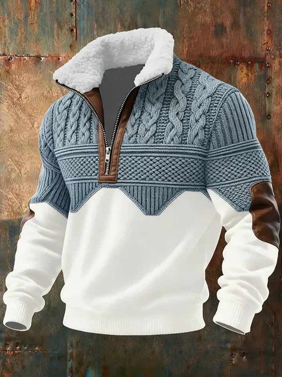 Men's blue-grey cable knit half-zip jumper with contrast panels