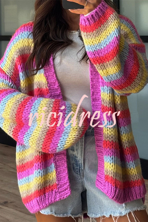 Women's multicoloured striped knit cardigan with open front and balloon sleeves