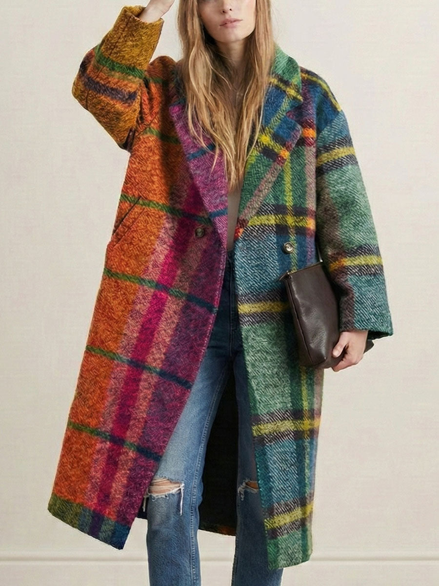 Women's multicolour plaid long coat with lapel collar and buttons