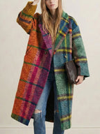 Women's multicolour plaid long coat with lapel collar and buttons