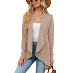 Women's open front textured cable cardigan with long sleeves and draped front panels
