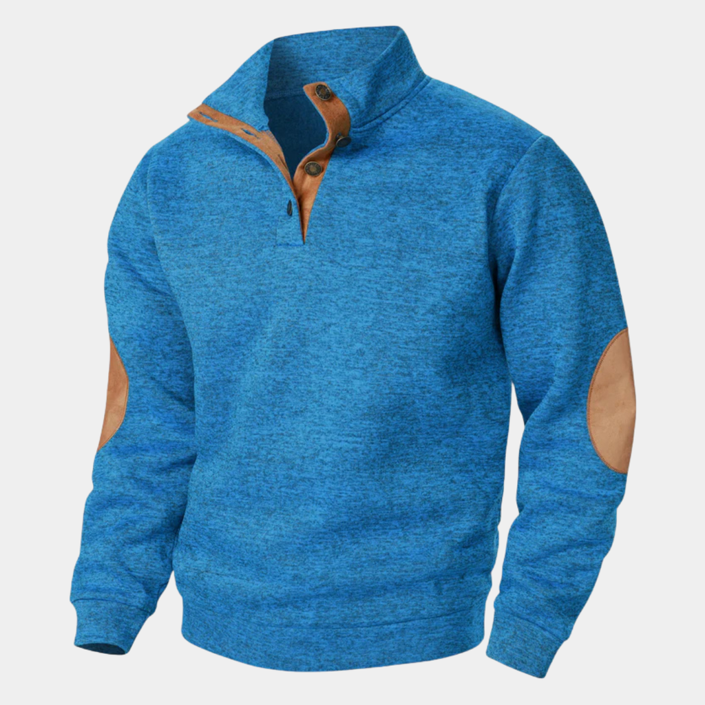 Men's textured knit sweater with mock neck and contrast elbow patches