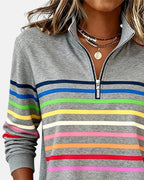 Women's striped quarter-zip sweatshirt with stand collar and long sleeves