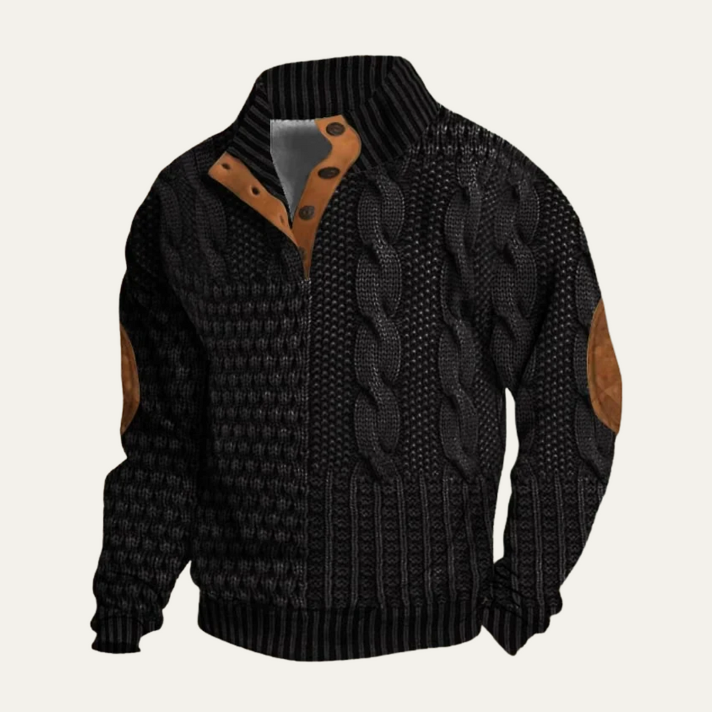 Men's textured knit sweater with mock neck, button placket and elbow patches