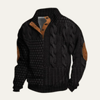 Men's textured knit sweater with mock neck, button placket and elbow patches