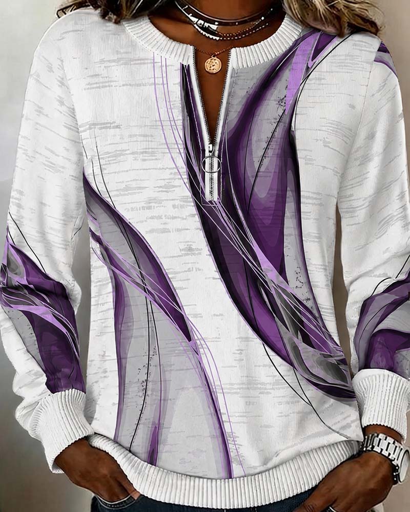 Women's abstract zip-up sweatshirt with ribbed trims and long sleeves