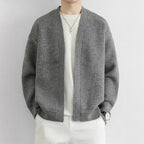 Men's open front ribbed knit cardigan with dropped shoulders