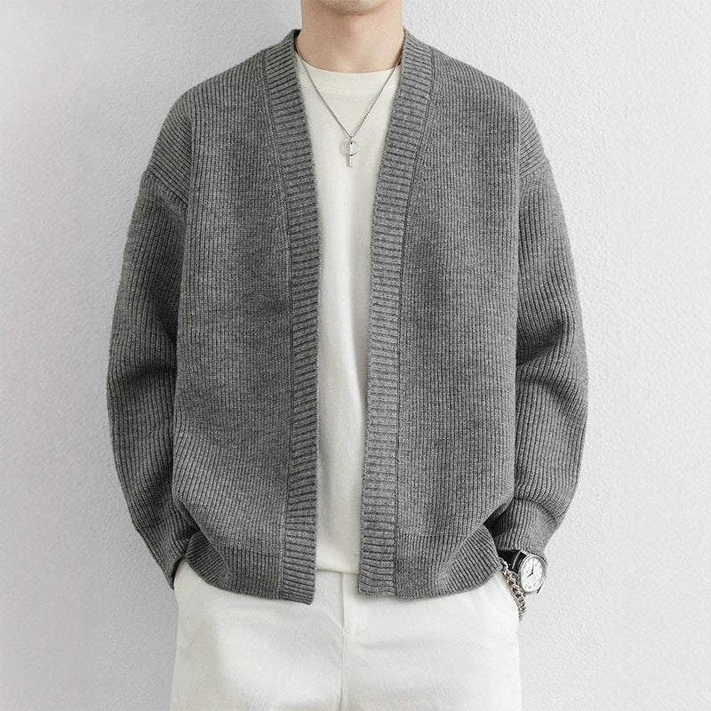Men's open front ribbed knit cardigan with dropped shoulders